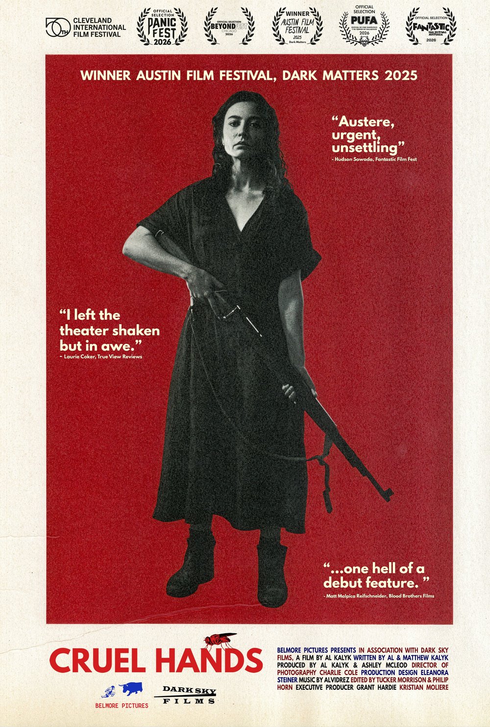 Cruel Hands theatrical poster with Mavournee Hazel against a red background and festival laurels